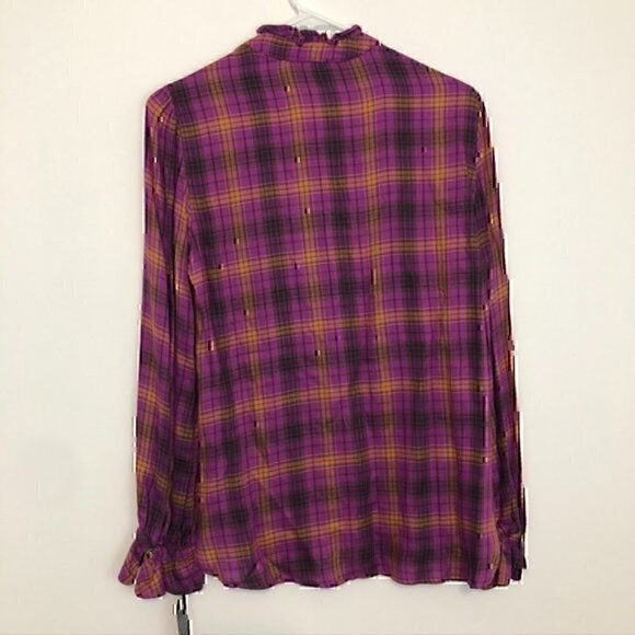 NEW NWT DEMOCRACY Long Sleeve Ruffle Neckband Plaid Button Down Shirt Purple S - Picture 12 of 13